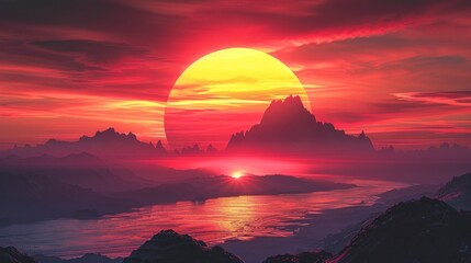 Fototapeta premium A stunning sunset in warm reds and oranges reflects beautifully on a serene river by the mountains