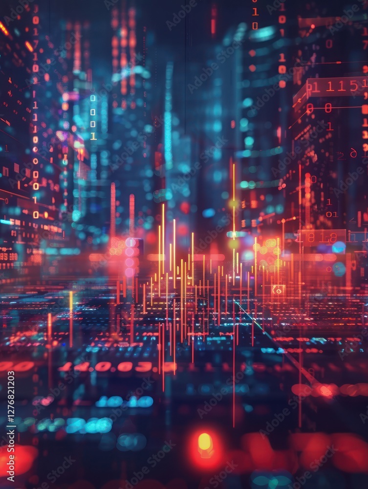 Poster financial graphs and glowing data visualizations float in a modern digital space illuminated by soft
