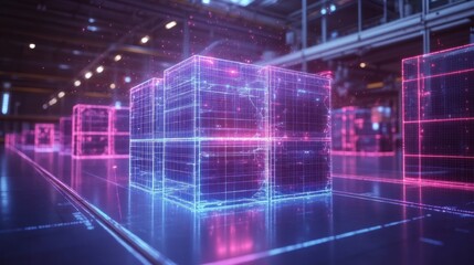 Futuristic warehouse with glowing holographic crates