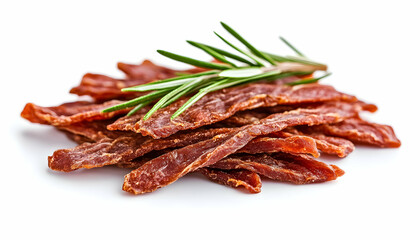 Spicy jerky strips with rosemary, food photography, white background, snack