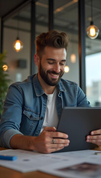 Hombre joven sonriente trabajando con su tablet en una oficina moderna y di&aacute;fana