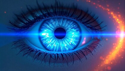 close up of human eye in blue and orange lights.