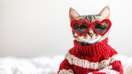 Fototapeta premium Cute cat wearing red heart sunglasses and a striped sweater, sitting on a soft surface with a white background. Ideal for valentine, love, pet fashion, and holiday-themed designs