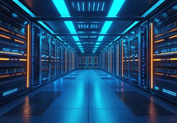 Futuristic data center with glowing blue and orange server racks, illuminated panels, and advanced cooling systems. Ideal for technology, cybersecurity, cloud computing, and IT infrastructure visuals
