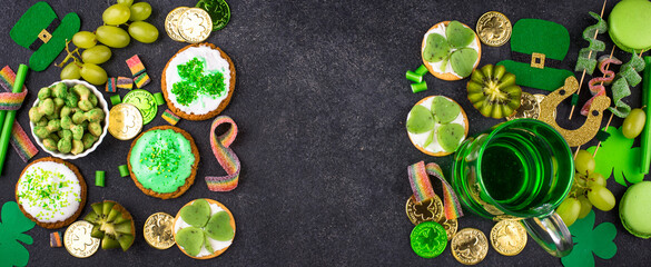 St. Patricks Day party food, green beer and shamrock