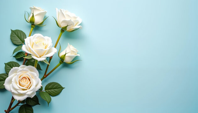 Pastei blue background with roses for greeting on International Women's Day, Mother's Day, Valentine's Day, and birthday, copy space
