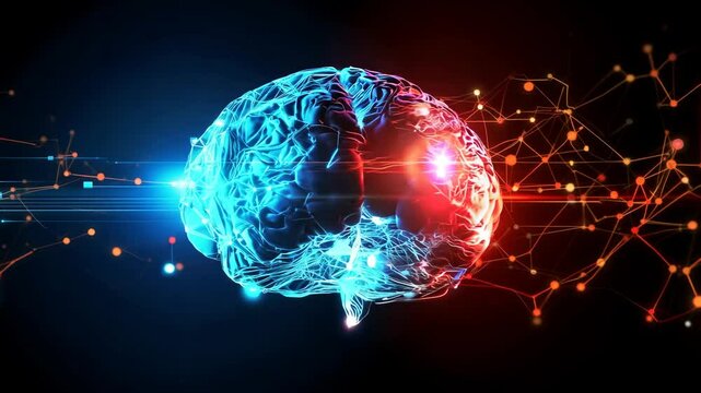 A glowing digital brain with neural connections, symbolizing artificial intelligence and futuristic technology