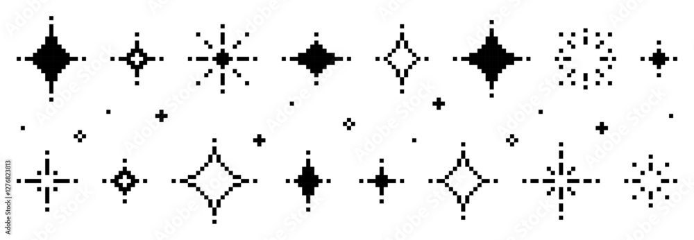 Poster Pixel art sparkles. 8-bit style pixelated aesthetic. black vector design. simple and minimalistic. vector graphics. stars and a sparkle.