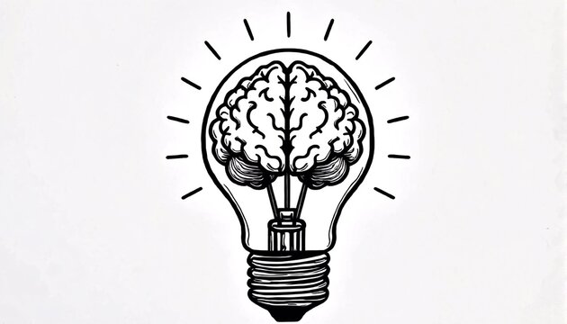 The image features two black and white sketches of light bulbs with brains inside them.