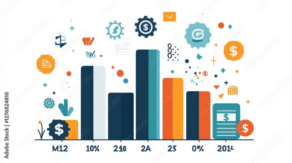 Poster colorful infographic depicting financial data with bar graphs and various symbols in a modern design