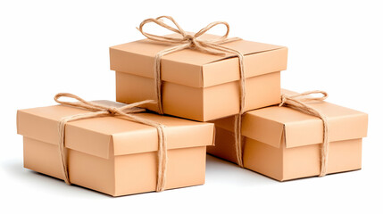 Three tied gift boxes on white background; online shopping delivery