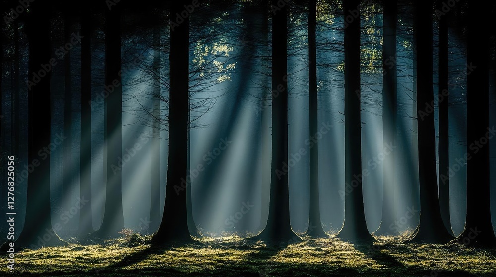 Poster sunlight streaming through tall trees in a serene forest, creating a mystical atmosphere