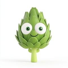 Cute cartoon-style artichoke with big eyes on a white background, rendered in hyper-realistic detail