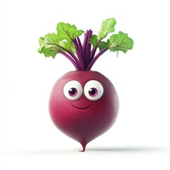 Cute beetroot character with large eyes in a hyper-realistic 3D cartoon style against a white background