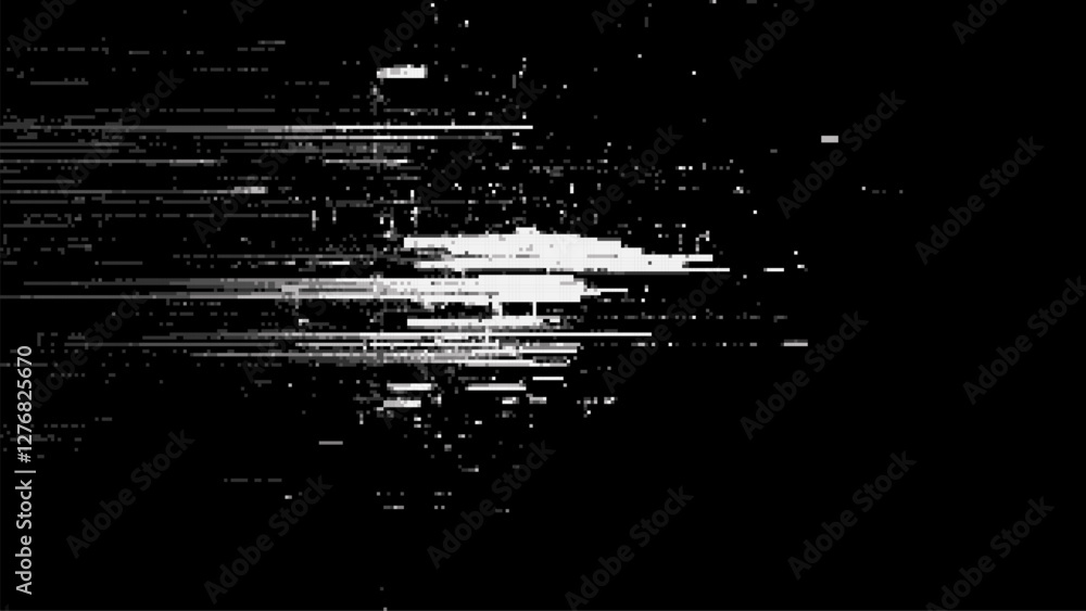 Poster a white pixelated video glitch effect on a black background. minimalist design. pixel art vector ill