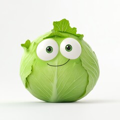 Cute cabbage character with large eyes in 3D cartoon style rendered with fine details and hyper-realistic quality against a white background