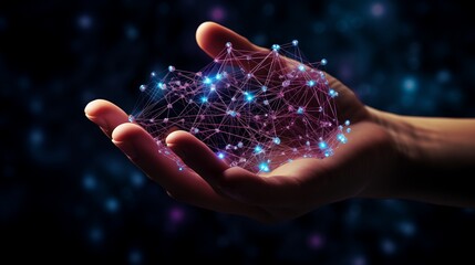 Network Holding in Hand 3D Connection Data with glowing digital nodes and interconnected lines, symbolizing modern tech and data flow