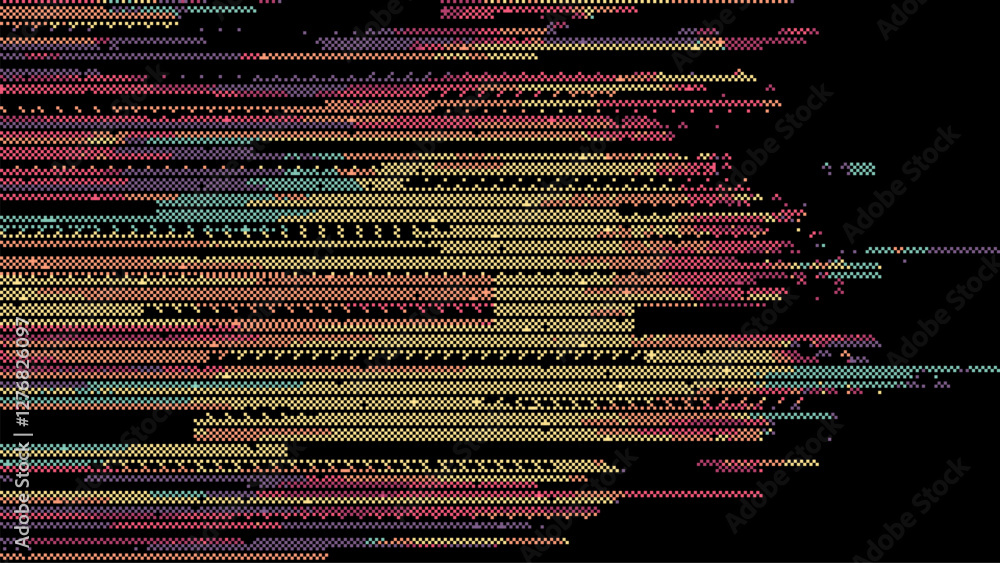 Poster A colorful pixel art pattern made of horizontal lines on a black background. glitch art style. vector graphics. abstract design.