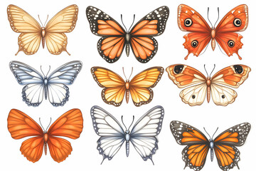 Twelve diverse butterflies, isolated on white; nature illustration