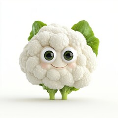 Cute cauliflower character with big eyes in 3D cartoon style showcases fine details and hyper-realistic rendering against a white background