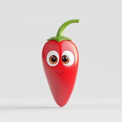 Cute chili pepper character with big eyes rendered in 3D cartoon style on a clean white background showcasing fine details and realistic quality