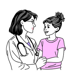 Doctor woman in a white coat is talking to a young girl. The girl is wearing a pink shirt. hand drawn sketch style outline illustration isolated on transparent background
