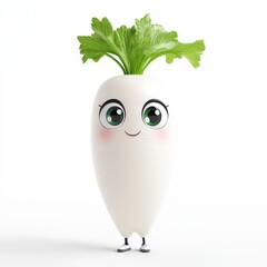 Cute daikon with big eyes smiles cheerfully against a white background rendered in hyper-realistic 3D cartoon style