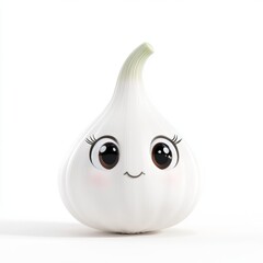 Cute garlic character with big eyes in 3D cartoon style featuring hyper-realistic details on a white background