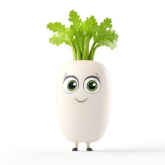 Cute horseradish character with big eyes in a 3d cartoon style on a white background showcasing fine details and realistic features