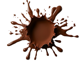 Chocolate splash isolated on white or transparent background. Liquid chocolate burst png. Chocolate explosion cut out