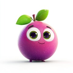 Cute 3D cartoon style mangosteen with big eyes rendered in hyper-realistic quality against a bright white background