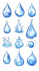 Water droplets collection, various shapes, white background, graphic design element