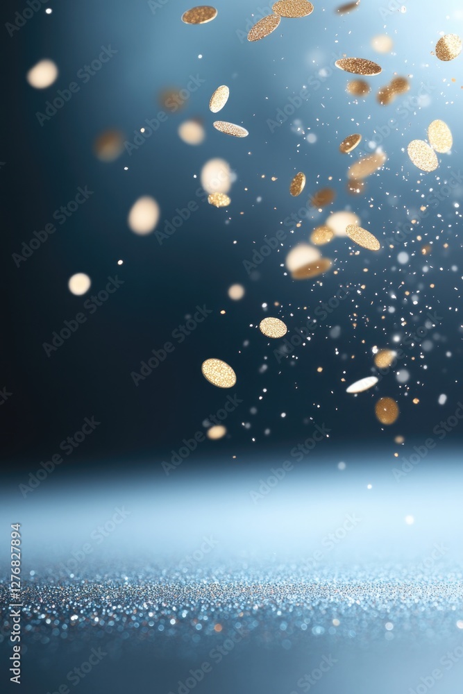 Poster close-up of shimmering golden sequins falling against smooth black surface creating dynamic and fest