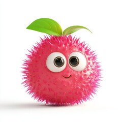 Cute rambutan character with big eyes in 3D cartoon style on white background showcasing hyper-realistic details