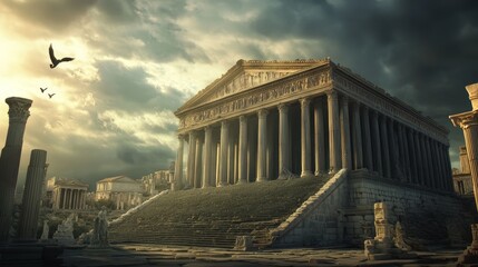 Obraz premium A majestic ancient roman temple with detailed columns and grand stairs beneath a dramatic sky