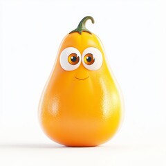 Cute Squash character with big eyes in 3D cartoon style against white background in hyper-realistic rendering