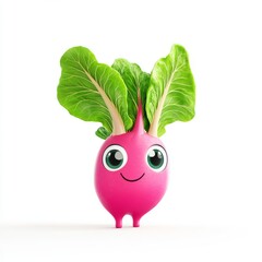 Cute Swiss chard character with big eyes in 3D cartoon style against white background with hyper-realistic detail