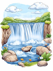 Waterfall scene, lush greenery, sunny day, nature illustration, kids book