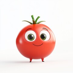 Cute 3D cartoon tomato character with big eyes rendered in hyper-realistic quality against white background