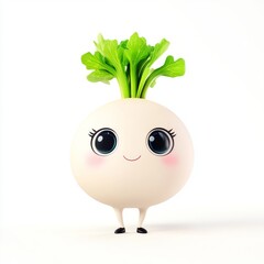 Cute turnip character with big eyes and leafy greens in a 3D cartoon style on a plain white background