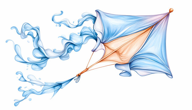 Whimsical water kite soaring,  white background, design element