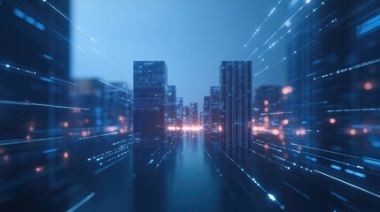 Naklejka premium drone shot of futuristic data center with glowing blue servers arranged in perfect symmetry
