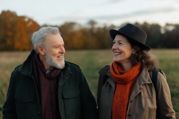 Fototapeta premium A man and a woman are smiling at the camera in a field. The man is wearing a green jacket and the woman is wearing an orange scarf