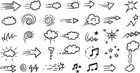Obraz premium Movement or motion lines isolated vector set. Comic speed and boom effect symbols. Funny bubbles or clouds, arrows, track and trace. Funny smoke and steam, black and white explosions, dynamic actions