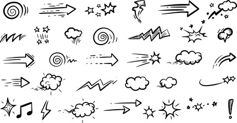 Movement or motion lines isolated vector set. Comic speed and boom effect symbols. Funny bubbles or clouds, arrows, track and trace. Funny smoke and steam, black and white explosions, dynamic actions