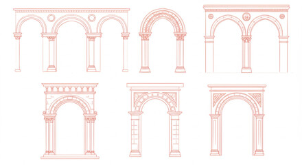 Art deco arch window and door frames, entrance doorways and gateway, vector architectural line drawing. Ancient classic architecture arch doors with arcs of Medieval temple, palace or mosque doorways
