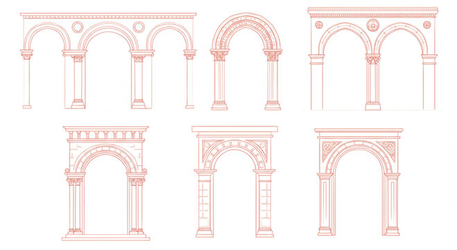 Art deco arch window and door frames, entrance doorways and gateway, vector architectural line drawing. Ancient classic architecture arch doors with arcs of Medieval temple, palace or mosque doorways