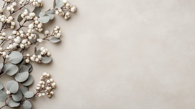 Eucalyptus leaves cast delicate shadows over a tranquil beige background, perfect for showcasing text or product content