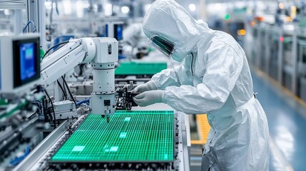 Technician in cleanroom assembling circuit board with robotic arm.
