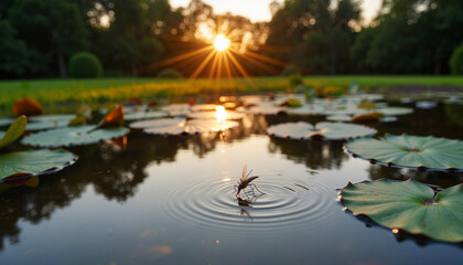 Fototapeta premium Mosquito hovering over water surface at sunset, World Malaria Day